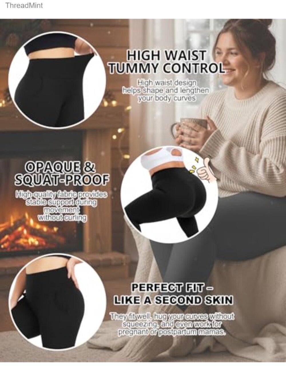 3 Pack Plus Size High Waisted Tummy Control Leggings with Pockets - Picture 3 of 6